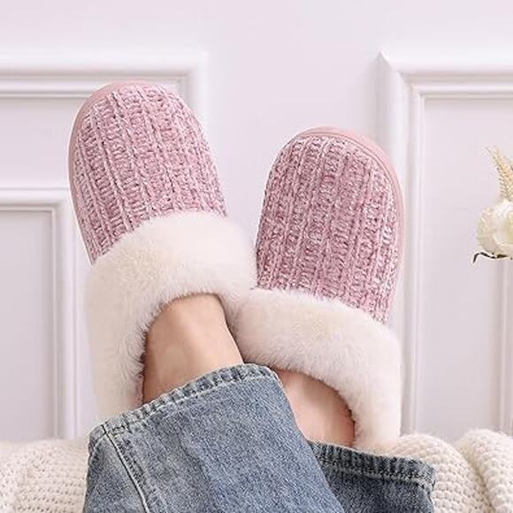 New Evshine Womens Size 10 Pink Knit White Faux Fur Slide On Warm House Slippers - Picture 5 of 6